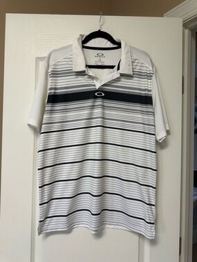 Oakley White Polo with Black & Gray Horizontal Stripes